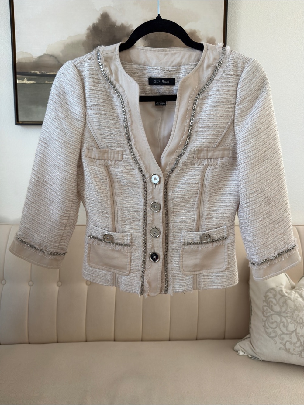 White House Black Market Cream Tweed Chain-Trim Cropped Jacket